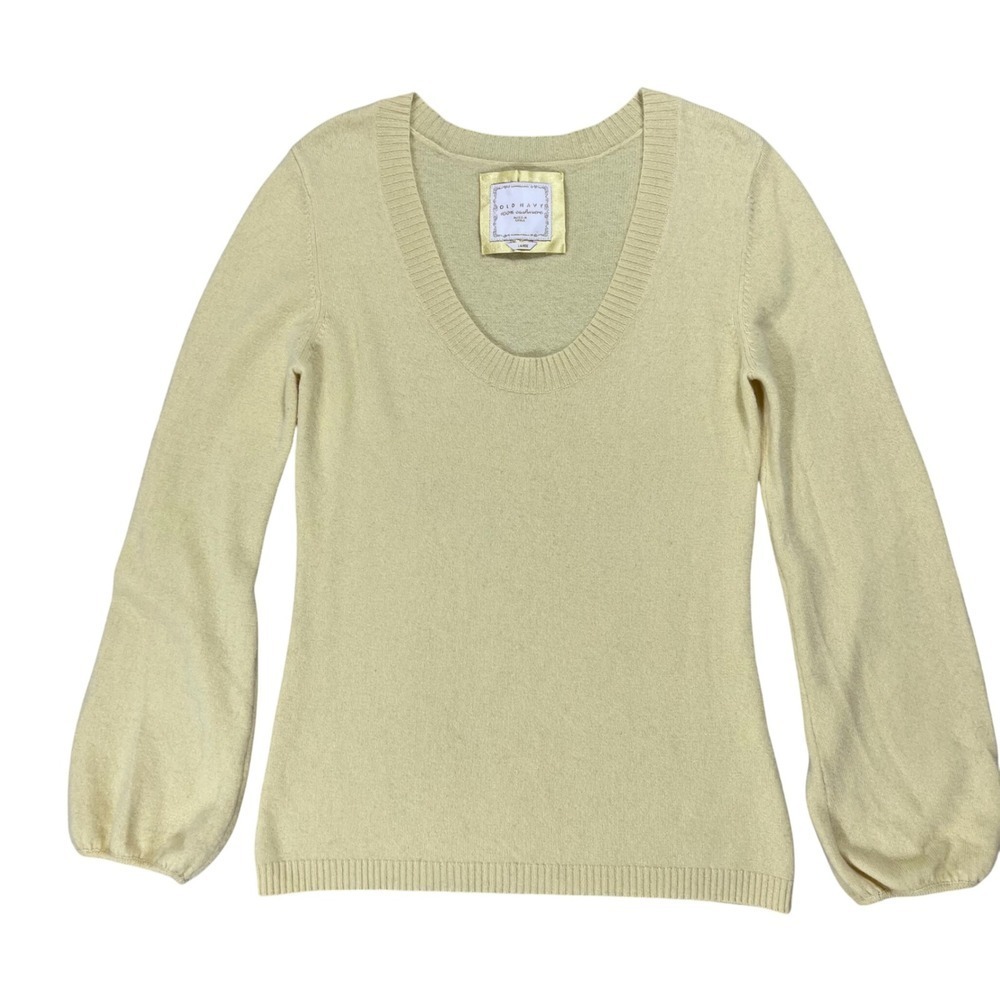 Vintage L Old Navy 100% Cashmere Sweater Pale Yellow Scoop Neck Balloon Sleeve